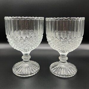 Vintage Pressed Glass MCM Goblets Diamond Point Colonial Revival Footed Set 2
